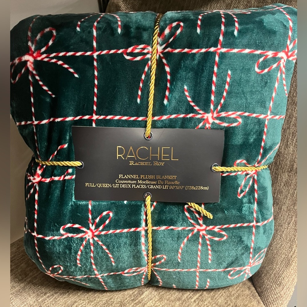 *NEW* Rachel Zoe Emerald Green Candy Cane Ribbon Bow Plush Throw Blanket